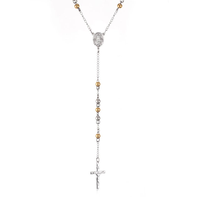 COTTVOTT Stainless Steel 6mm Beads Rosary Catholic Necklace Holy Medal & Crucifix 32inch(Golden Silver Tone) - Image 4